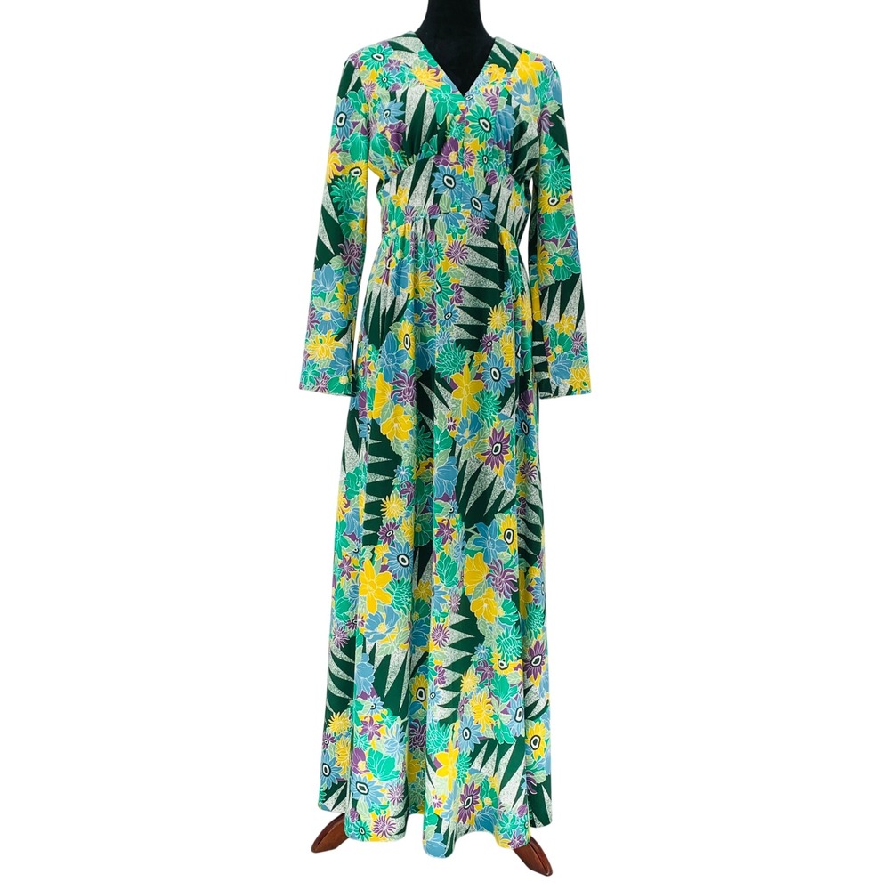 Vintage Floral Maxi Dress Green Yellow Tropical V-Neck Long Sleeve size Medium